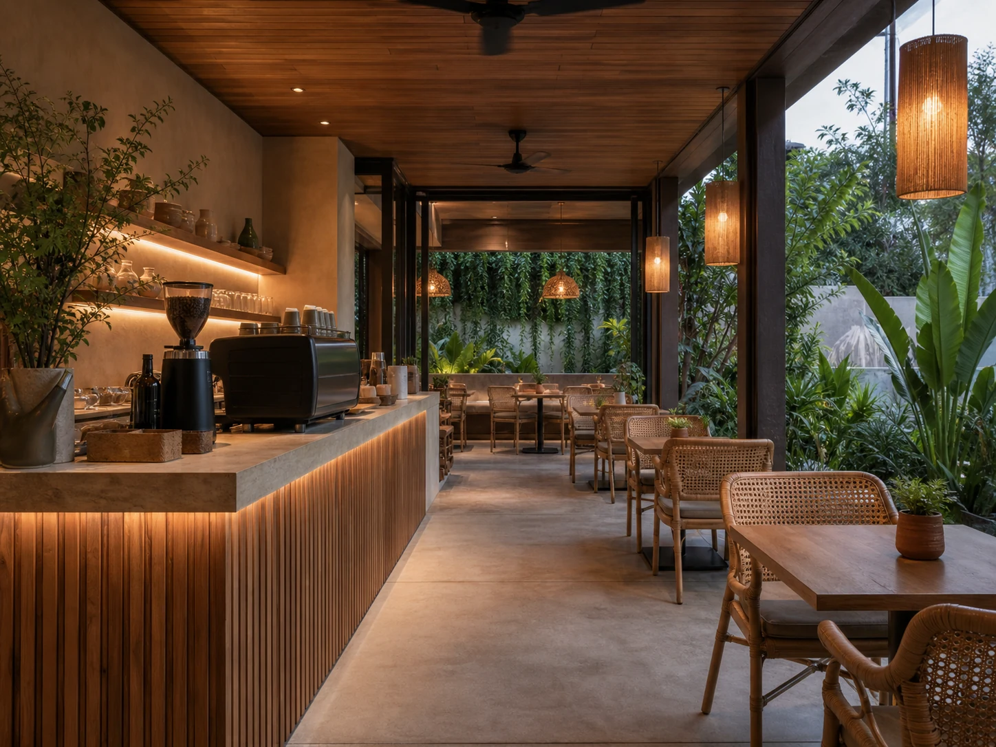Interior kafe dengan detail kayu dan area pelayanan terbuka