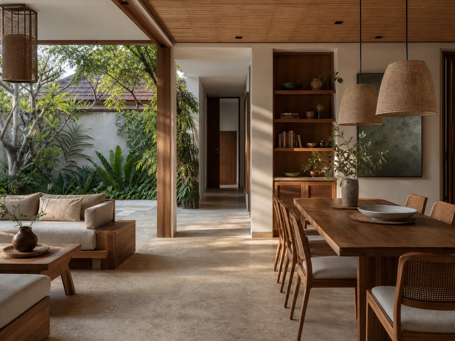 Interior hunian dengan material kayu dan pencahayaan alami