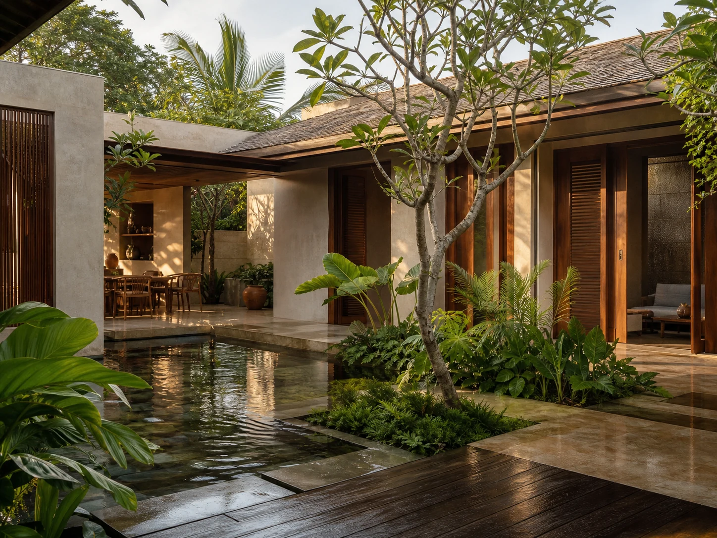 Hunian tropis modern dengan courtyard dan hubungan ruang terbuka