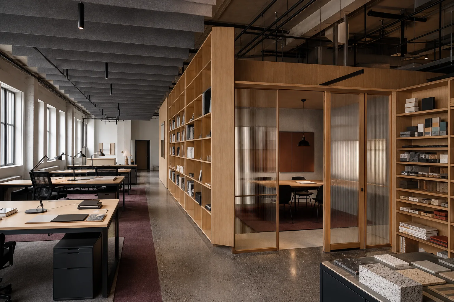 Kantor kreatif kontemporer dengan perpustakaan kayu dan partisi kaca
