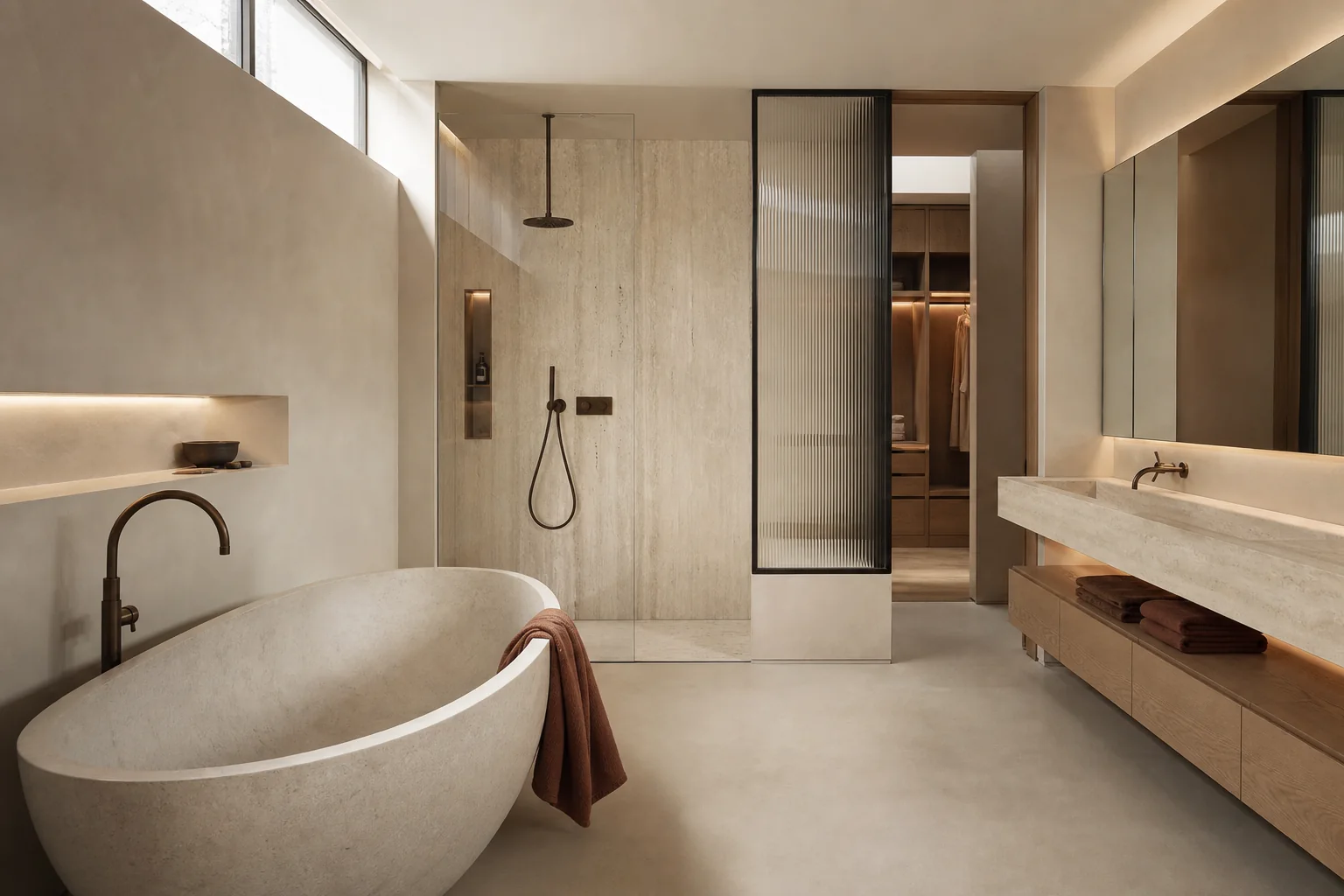 Bathroom minimalis dengan bathtub batu, shower, vanity, dan dressing room