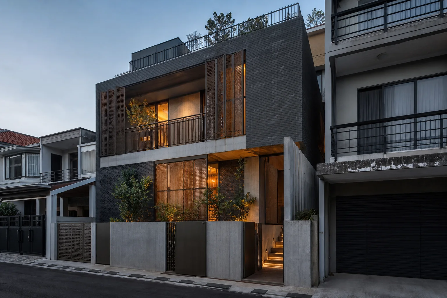Fasad townhouse urban dengan bata gelap, beton, dan kisi logam