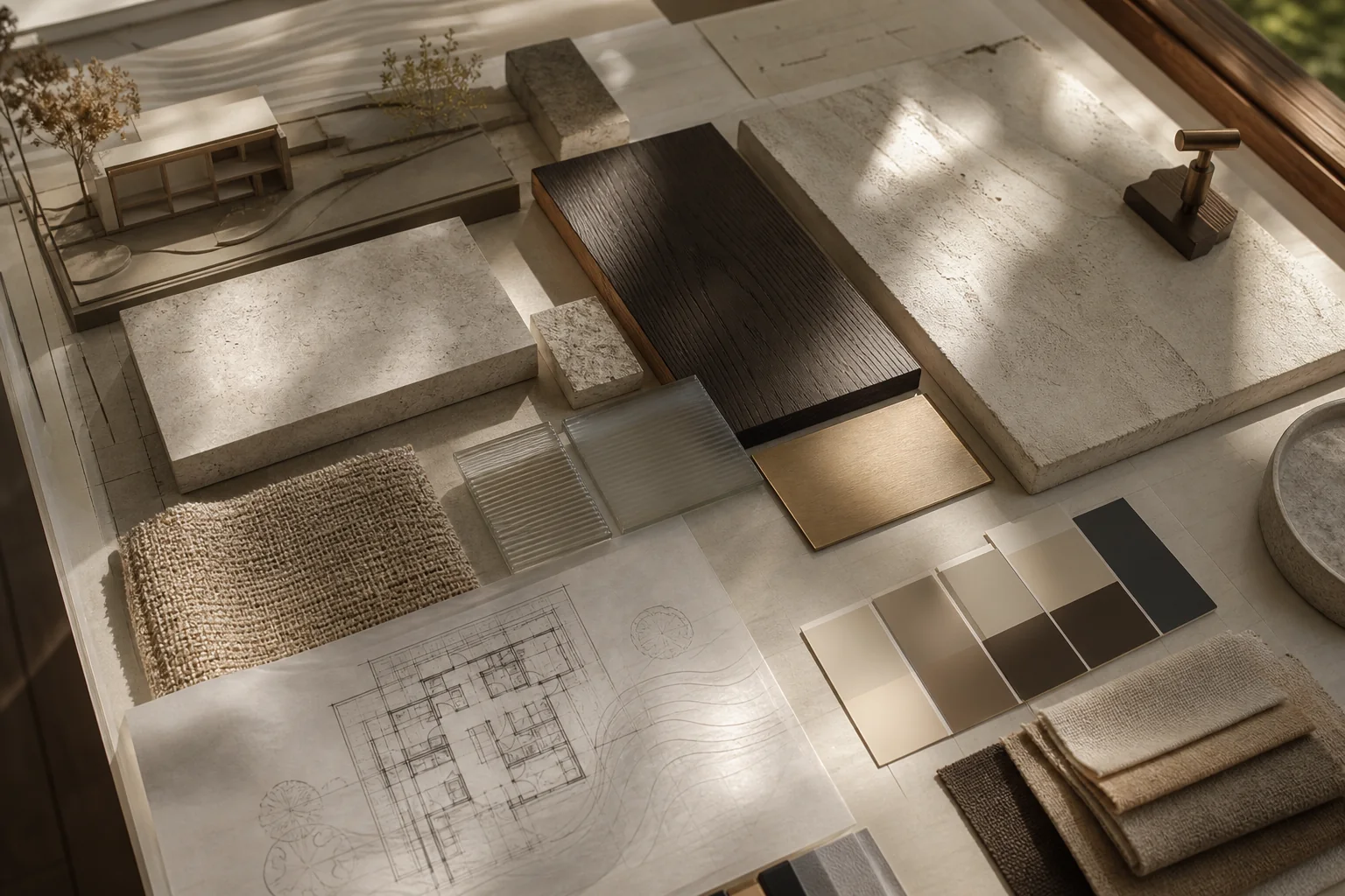 Moodboard material dan sampel interior di meja studio Antonius