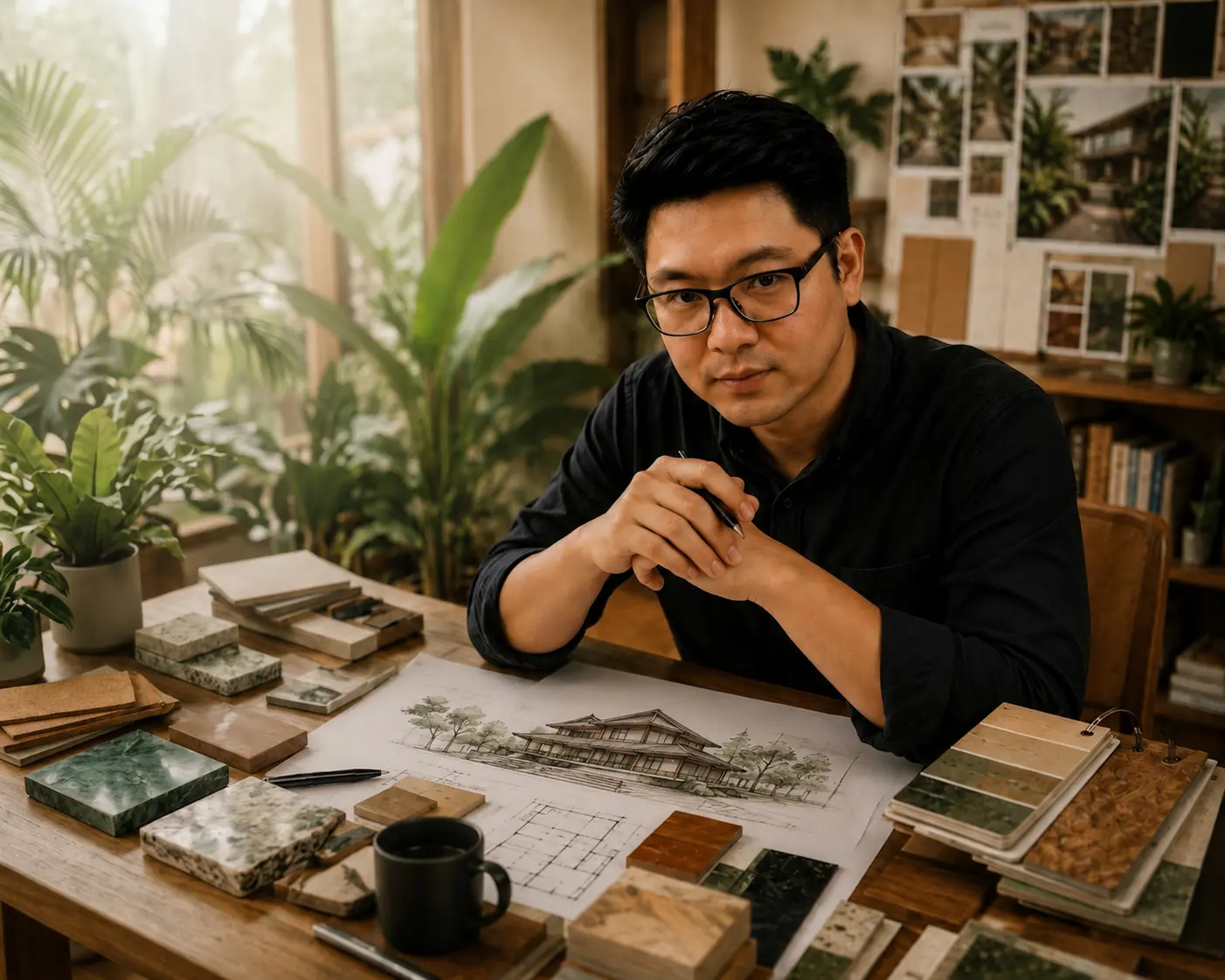 Studio moodboard dengan material interior dan suasana kerja arsitektur