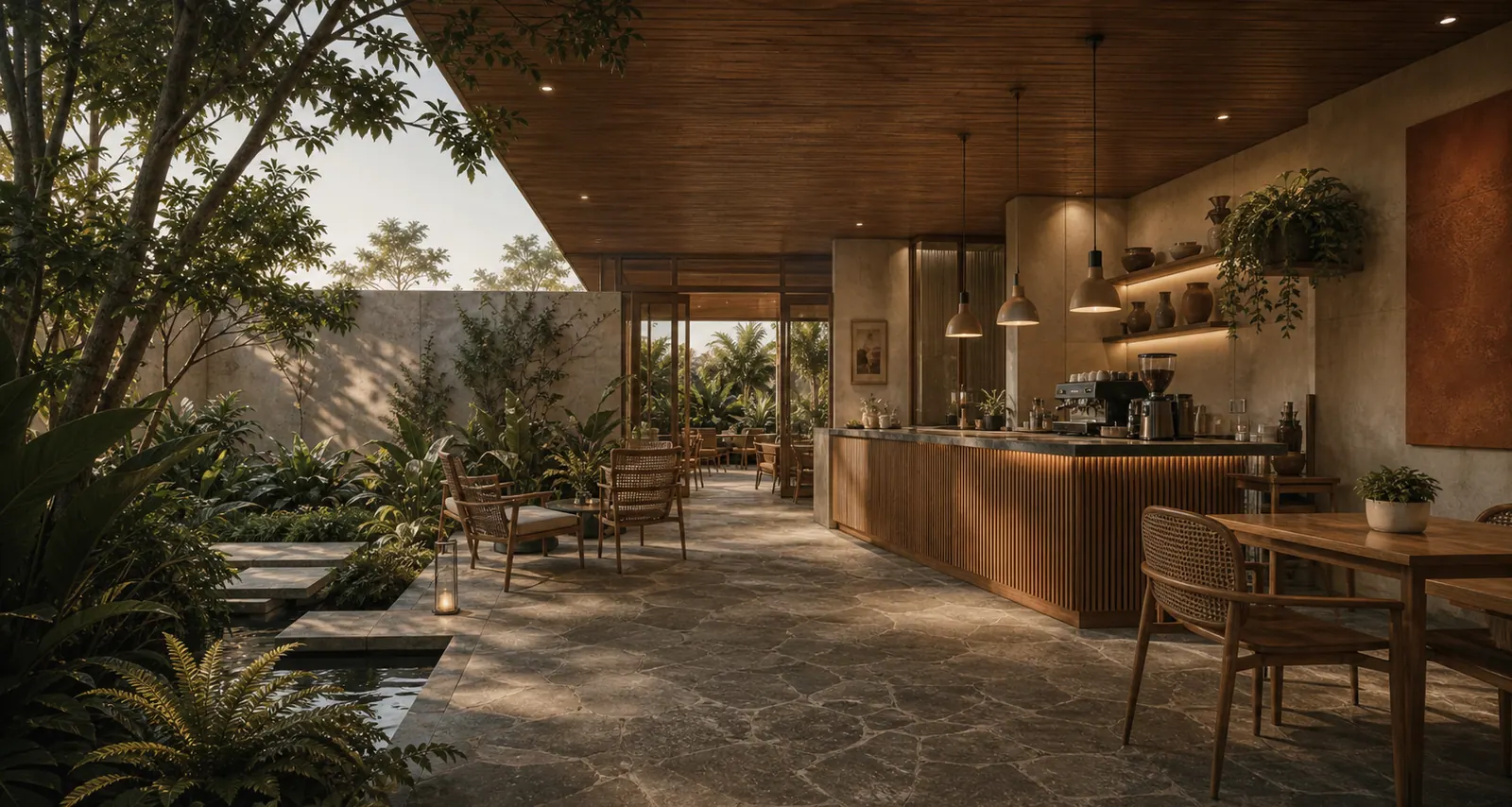 Interior kafe tropis modern dengan plafon kayu, meja layanan, dan taman terbuka