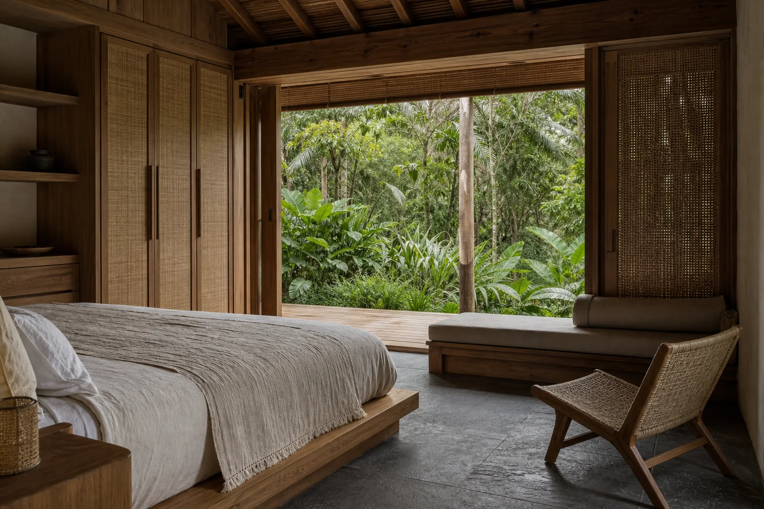 Kamar kayu tropis dengan furnitur custom dan bukaan ke taman