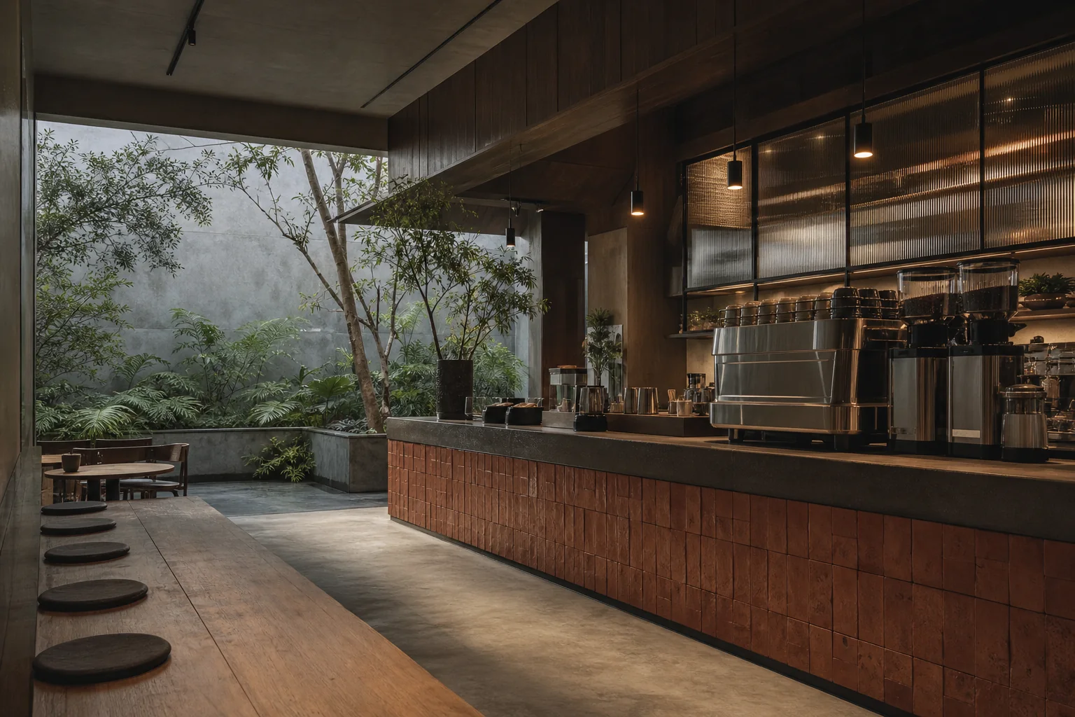 Interior kafe dengan counter terracotta dan courtyard hijau