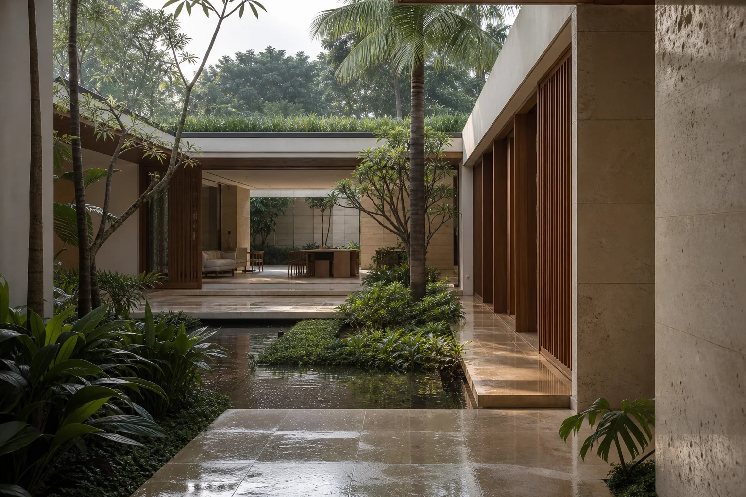 Courtyard hunian tropis dengan batu alami, kisi kayu, dan kolam pantul