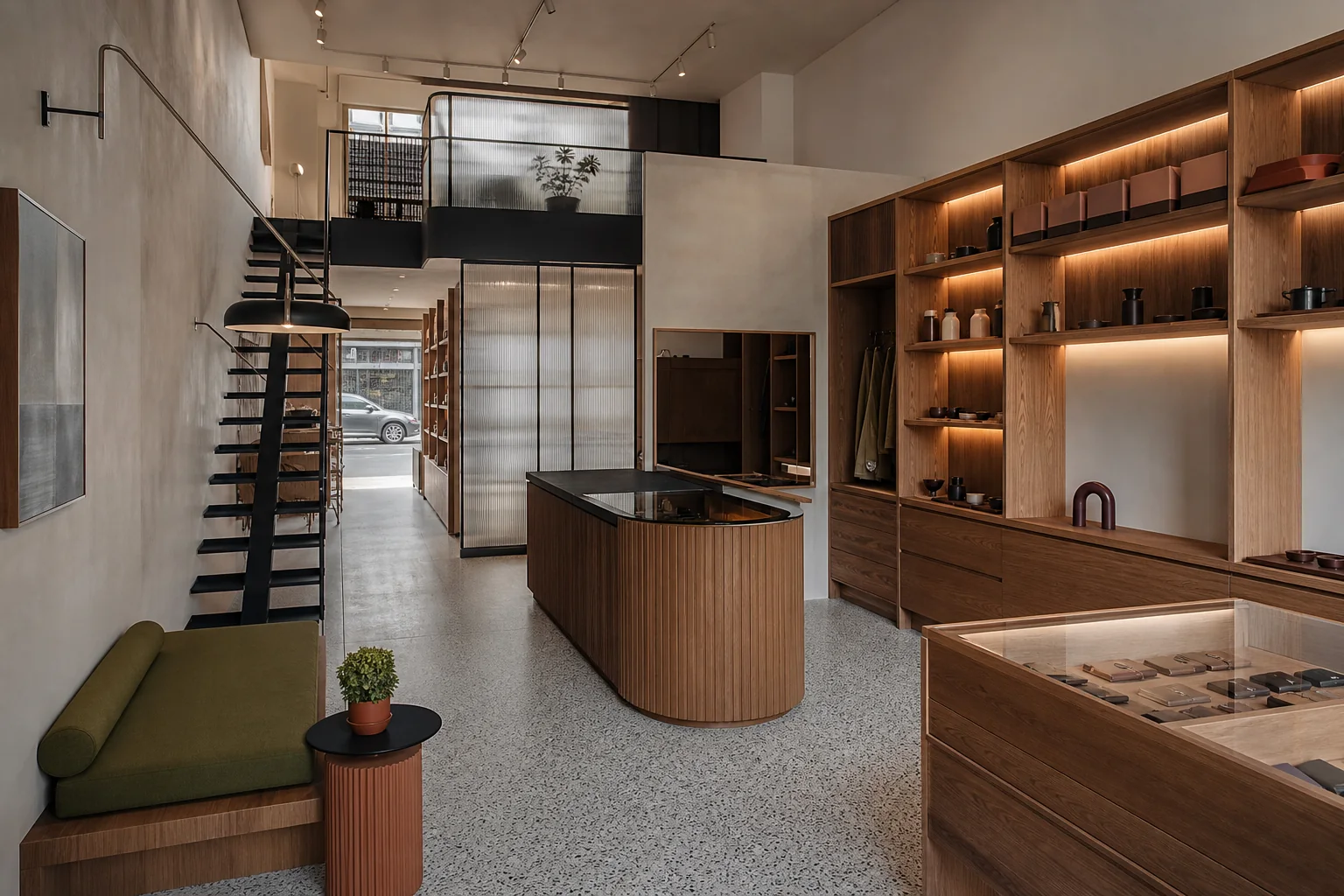 Interior ruko kompak dengan furnitur built-in dan alur pengunjung yang jelas