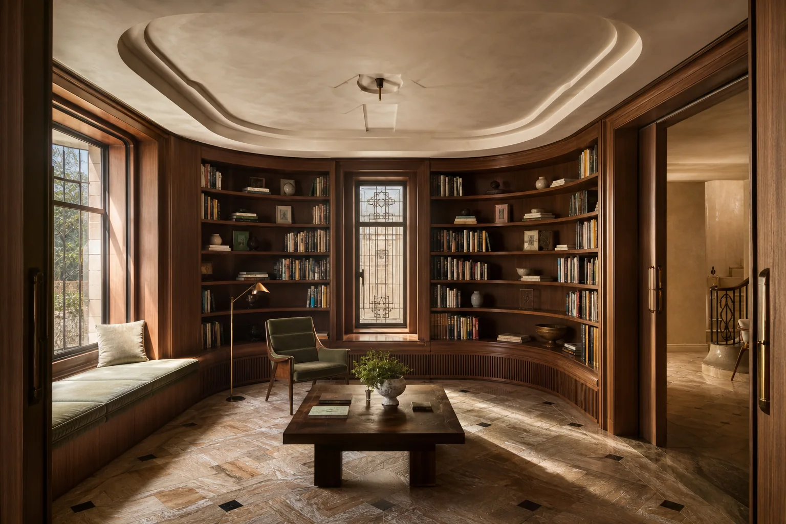 Perpustakaan rumah Art Deco dengan rak kayu melengkung
